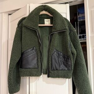 Abercrombie & Fitch Green Sherpa Jacket with Leather Details